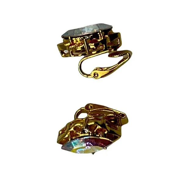 Lind Gold Tone Marquise Aurora Borealis Rhinestone Cut Clip-On Earrings 3/4” - Picture 4 of 10